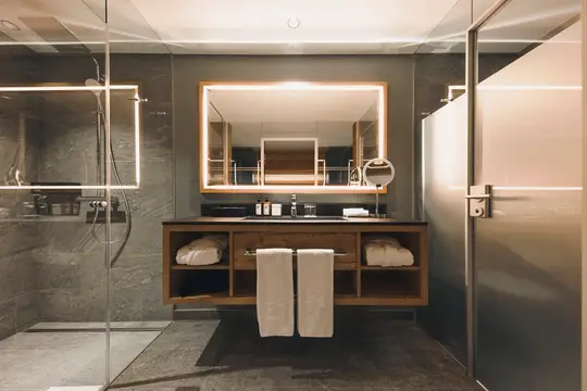 Badezimmer der „Juniorsuite Silberfichte mit Balkon“ mit Regendusche